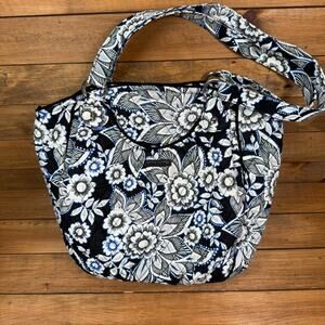 Vera Bradley Glenna Shoulder Bag Tote Snow Lotus Purse Black Blue White